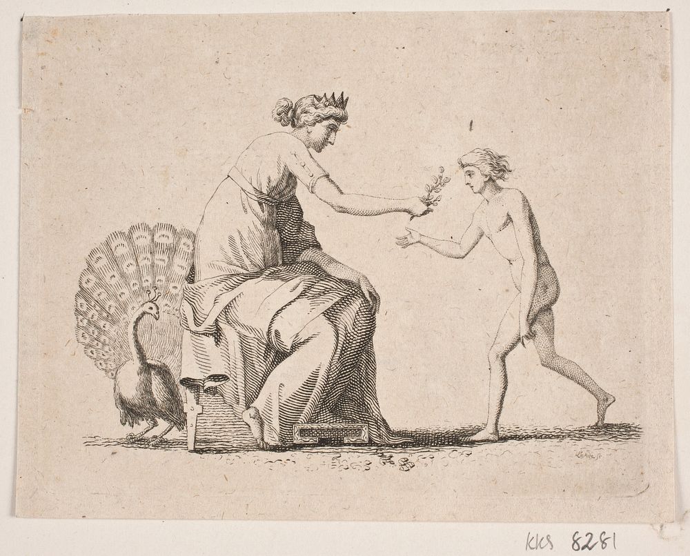 Allegory with Peacock, seated woman and a young man by Gerhard Ludvig Lahde
