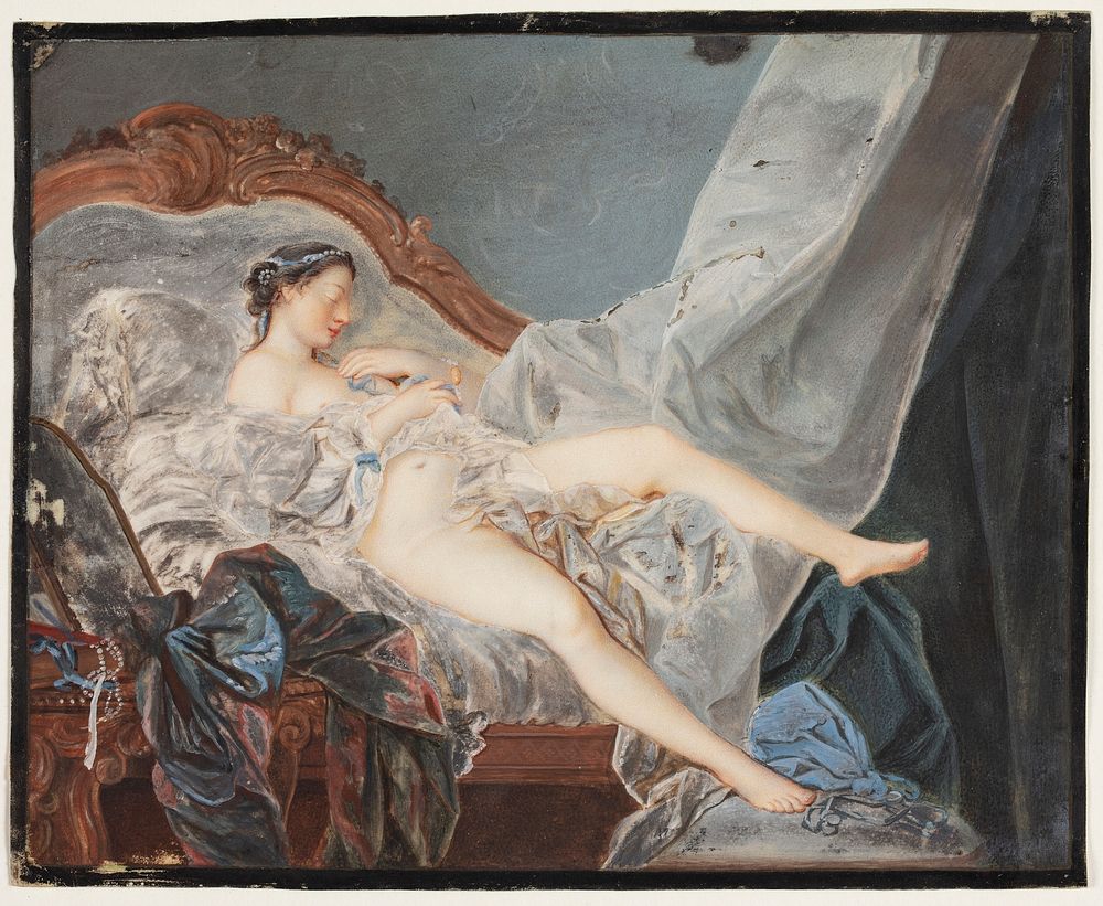 A naked girl, lying on her back on a canap&eacute; between large draperies by Jacques Charlier