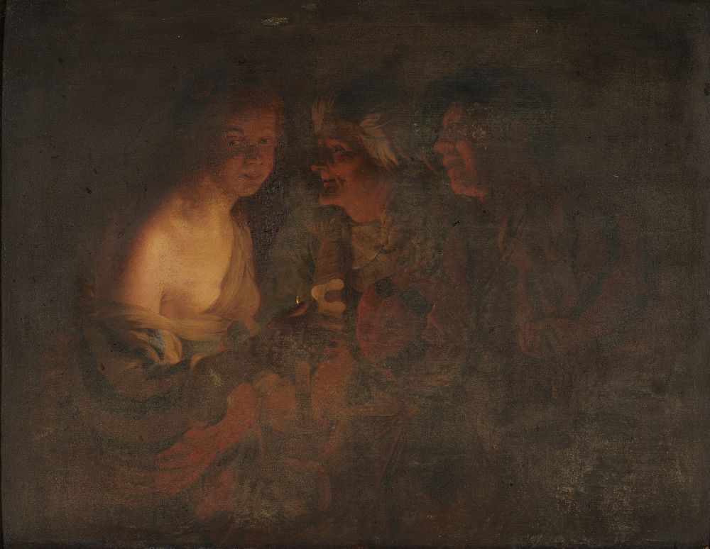 Young girl with candlestick, old wife, and violin player by Gerard Van Honthorst