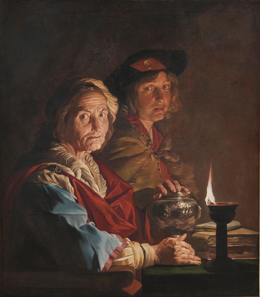 An old woman and a youth in the glow of an oil lamp by Matthias Stom