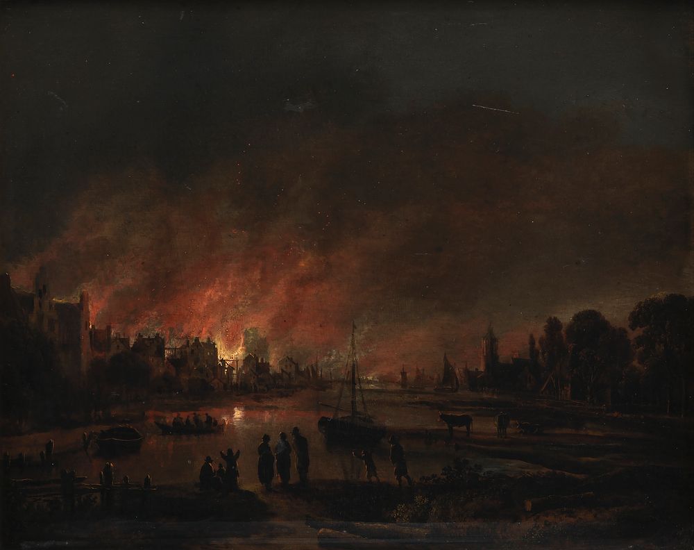 Nighttime fire in a village by Aert van der Neer