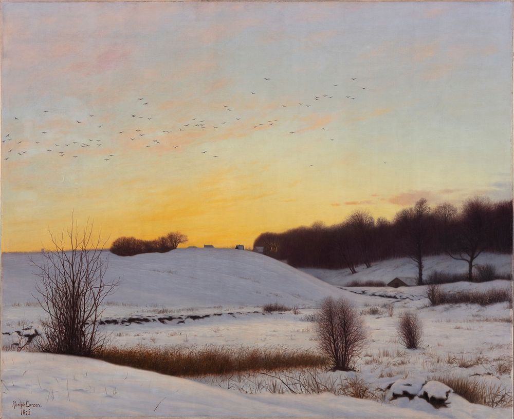 Snow landscape with a hill. Sunset by Adolph Larsen