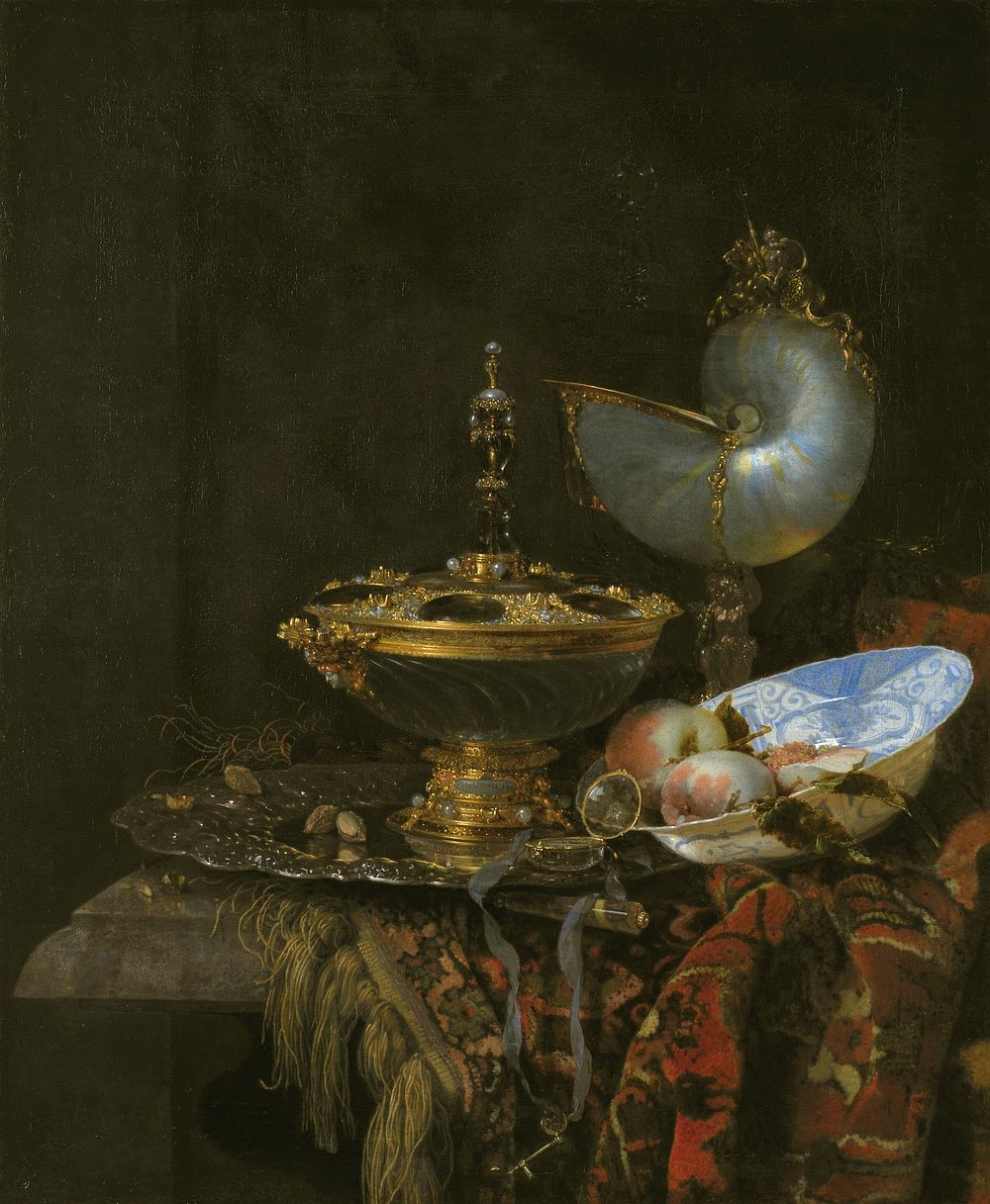 Show off Still Life with Holbein Bowl, Nautilus Cup, Glass Goblet and Fruit Dish by Willem Kalf