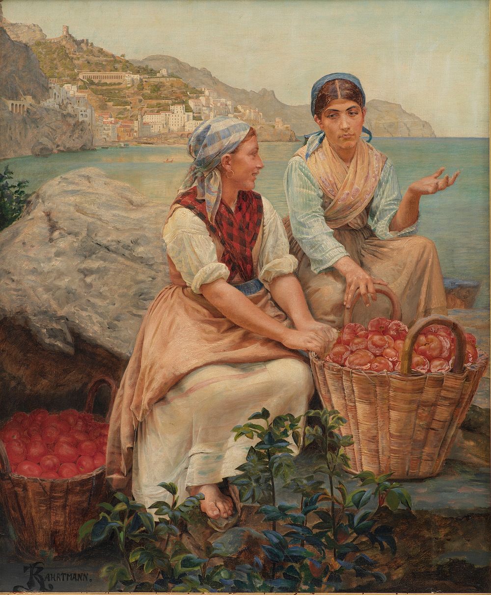 Italian girls with tomatoes in baskets by Kristian Zahrtmann