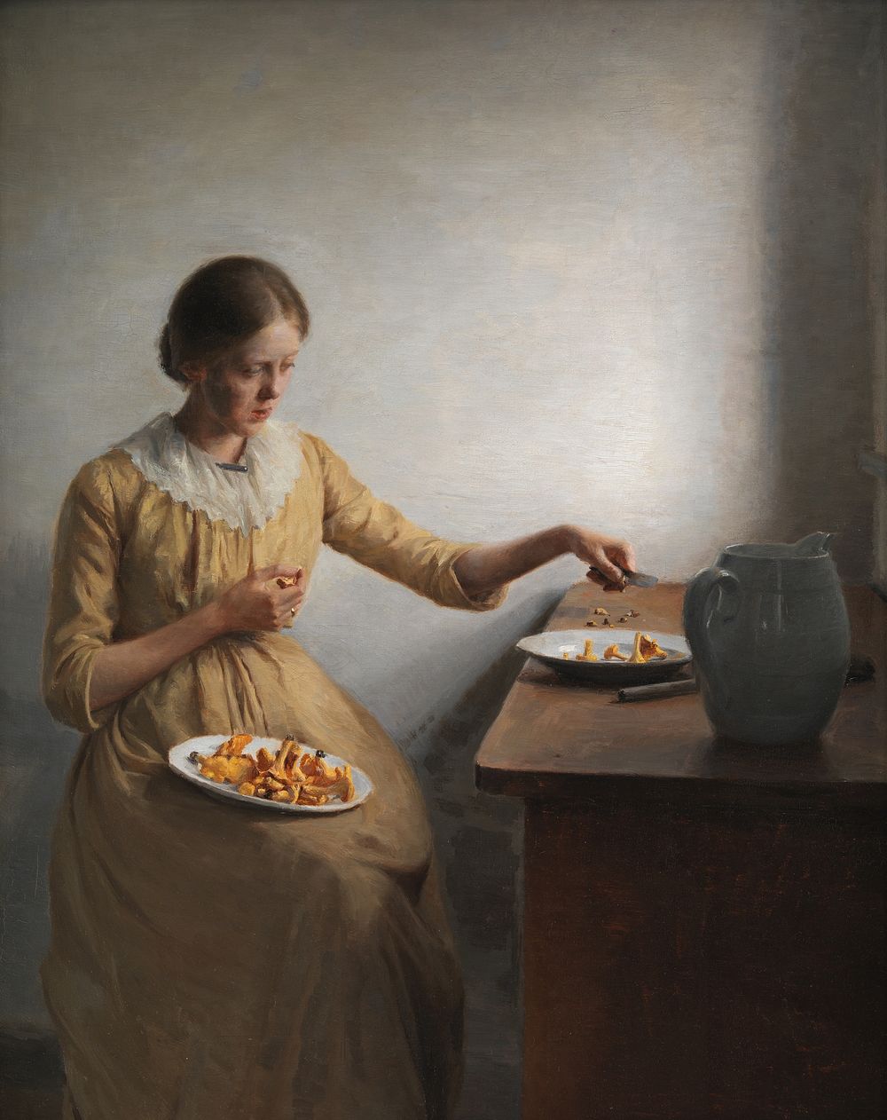 A young girl cleaning chanterelles by Peter Vilhelm Ilsted