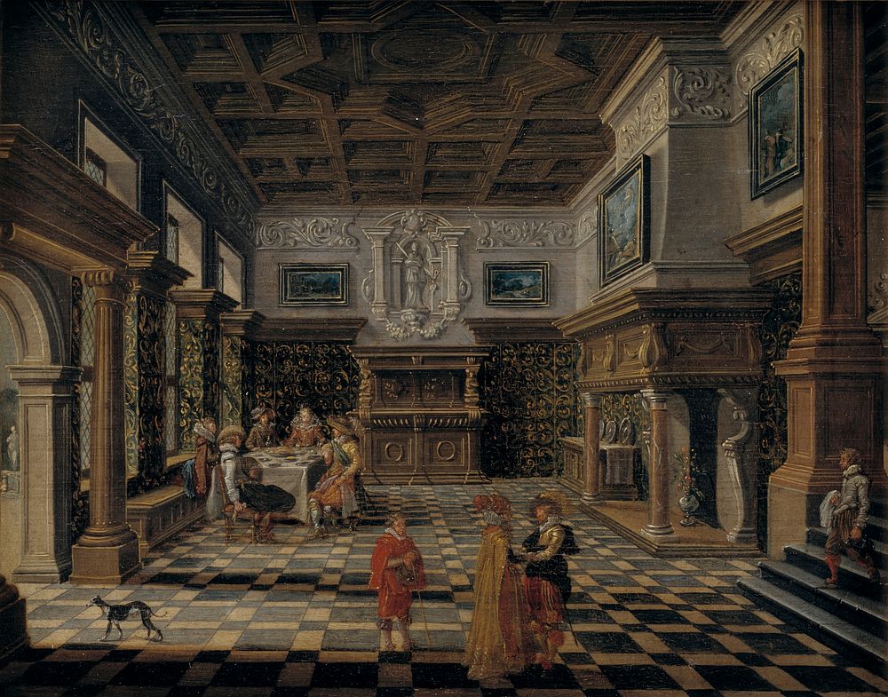 Renaissance Interior with a company at a set table by Bartholomeus Corneliszoon van Bassen