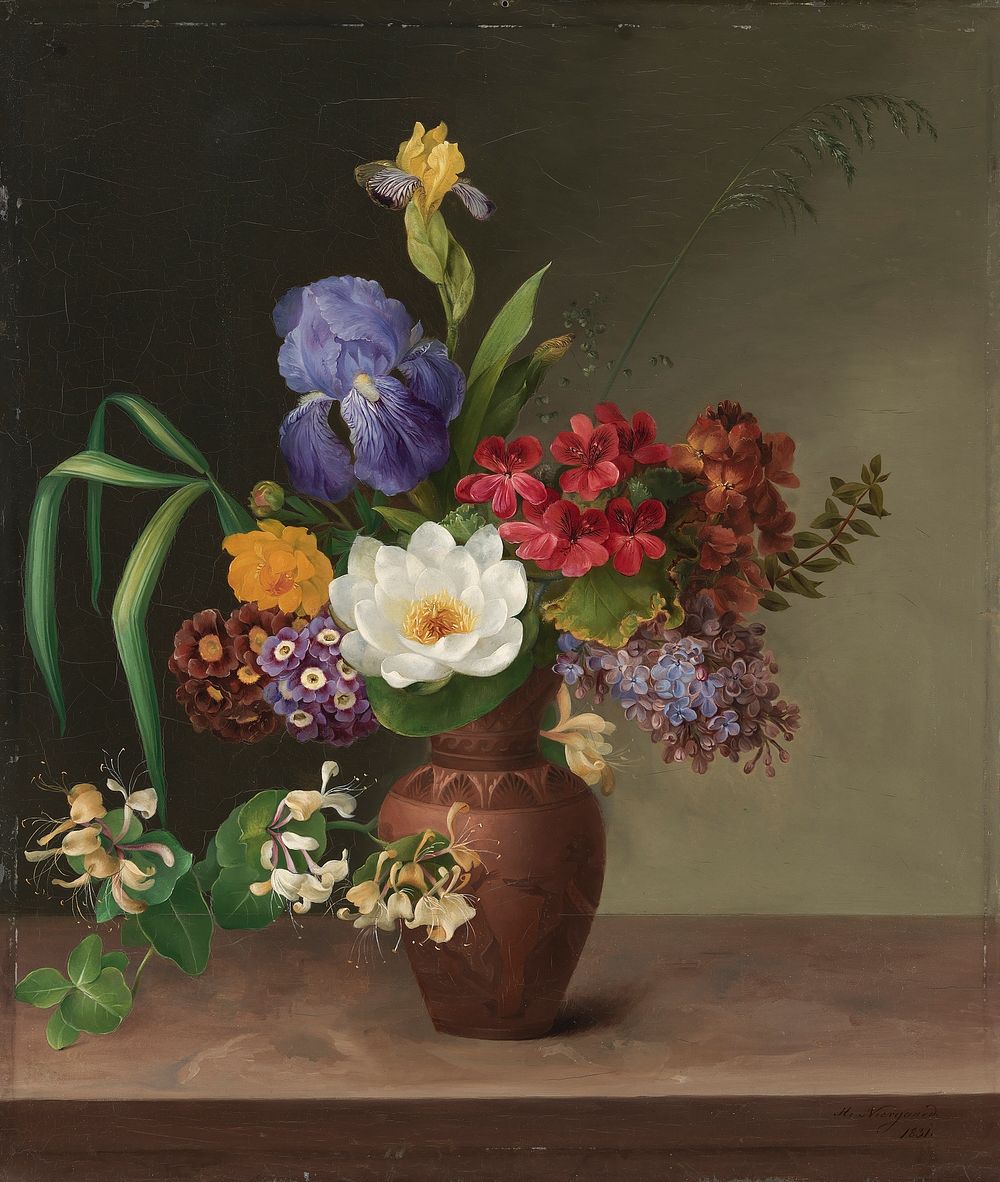 Greek style vase with iris, sorrel and honeysuckle by Hermania Sigvardine Neergaard