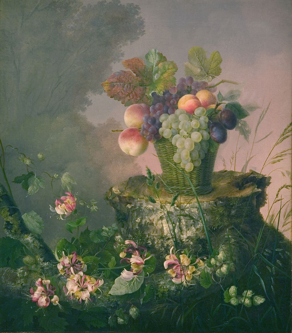 Flower basket with fruit by a tree stump by Hermania Sigvardine Neergaard