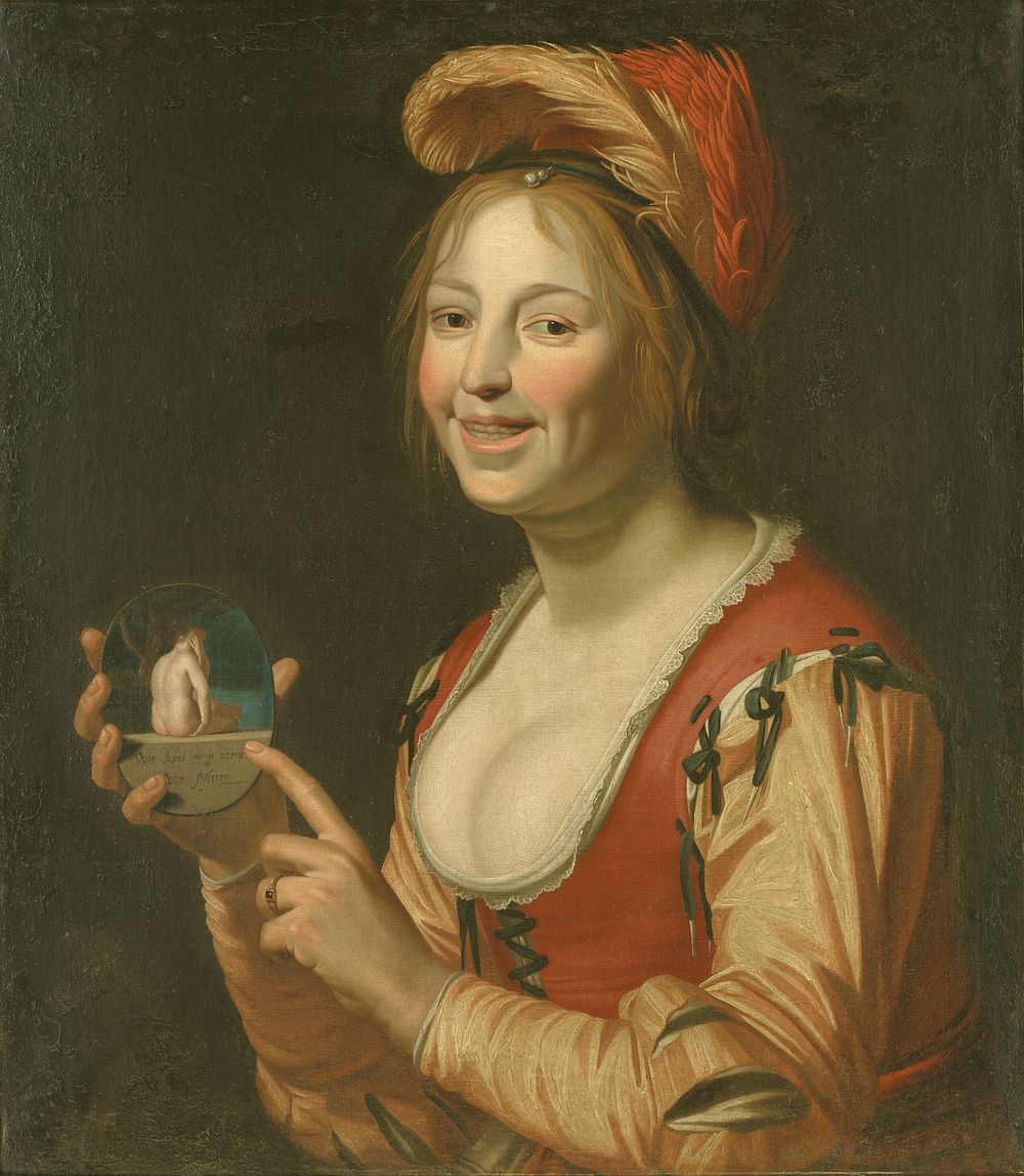 A laughing girl displaying a small image of a nude woman seen from behind by Gerard Van Honthorst