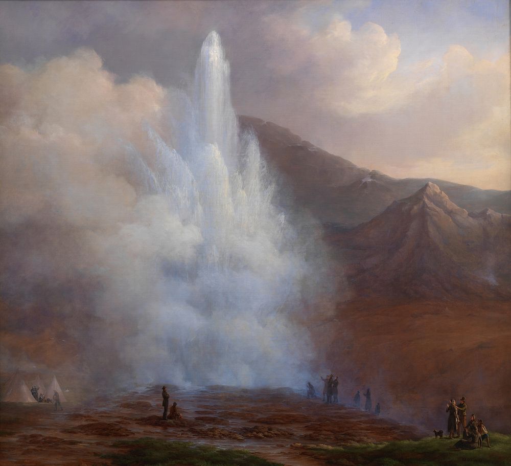 Great Geysir in Iceland during the eruption in 1834 by Friedrich Theodore Kloss