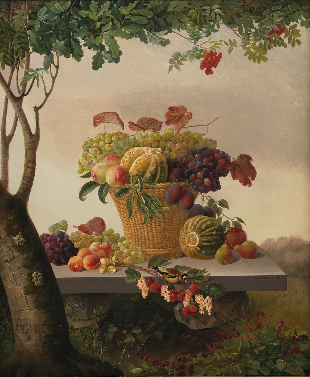 A basket of fruits in a landscape by Christine Marie Lovmand