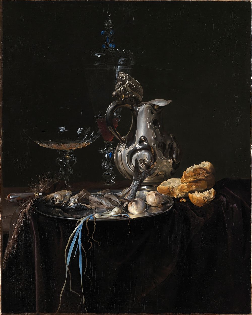 Still life.Meal piece with silver jug by Willem Van Aelst