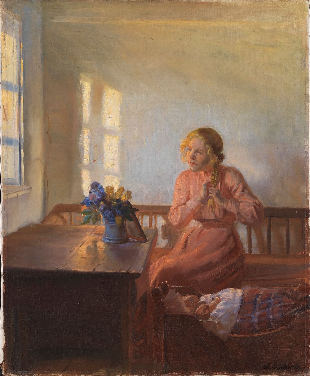 Interior with a young girl braiding her hair by Anna Ancher