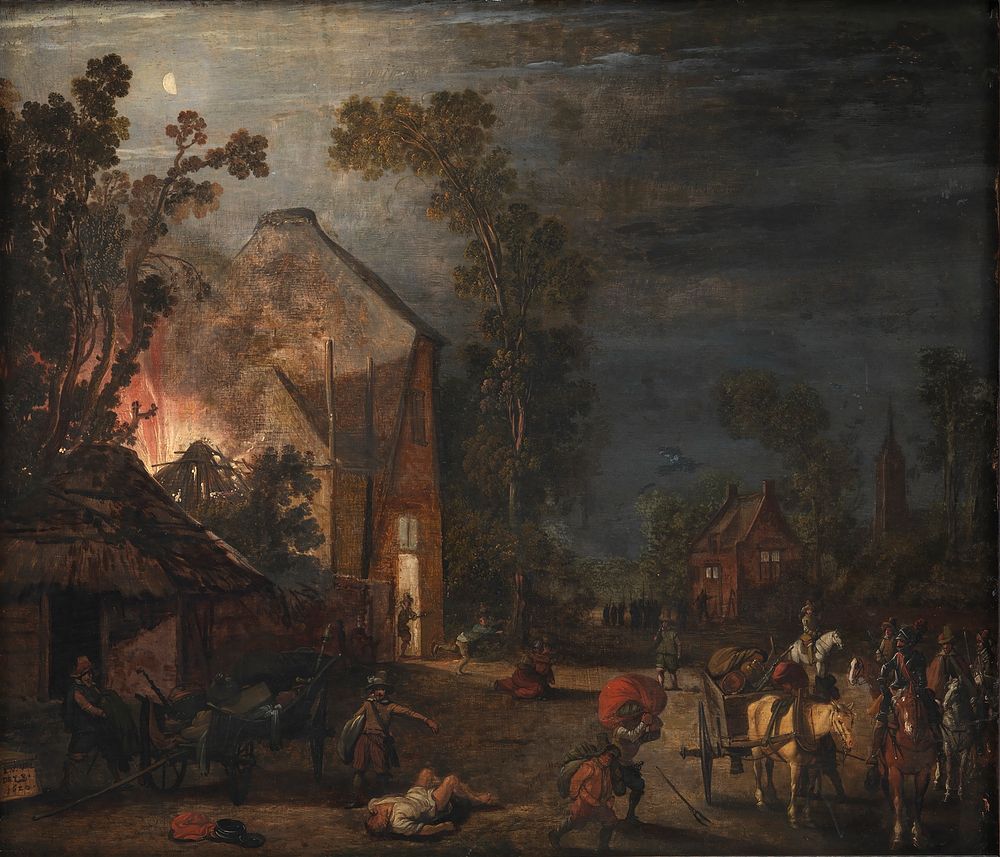 A village is looted at night by Esaias Van De Velde