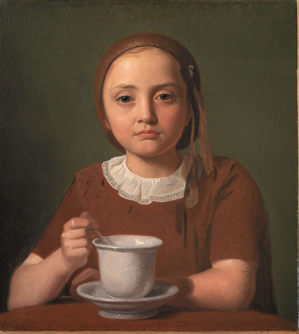 Portrait of a Little Girl, Elise Købke, with a Cup in front of her by Constantin Hansen