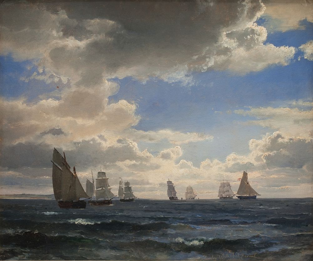 Sailing ships in the sound south of Kronborg by Carl Frederik Sørensen 
