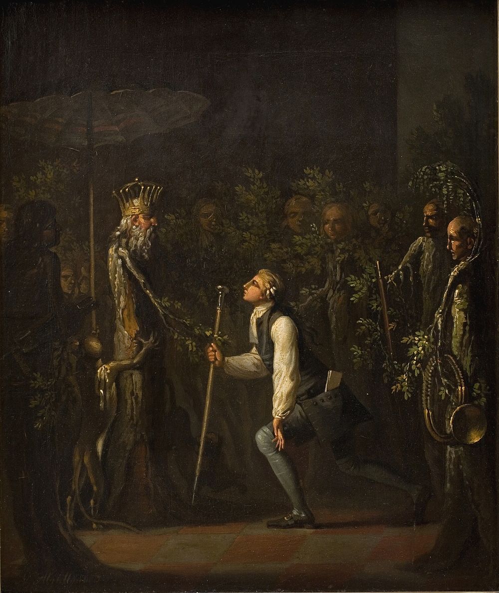 The Potuans are amazed to see Niels Klim's kneeling before the wise prince by Nicolai Abildgaard