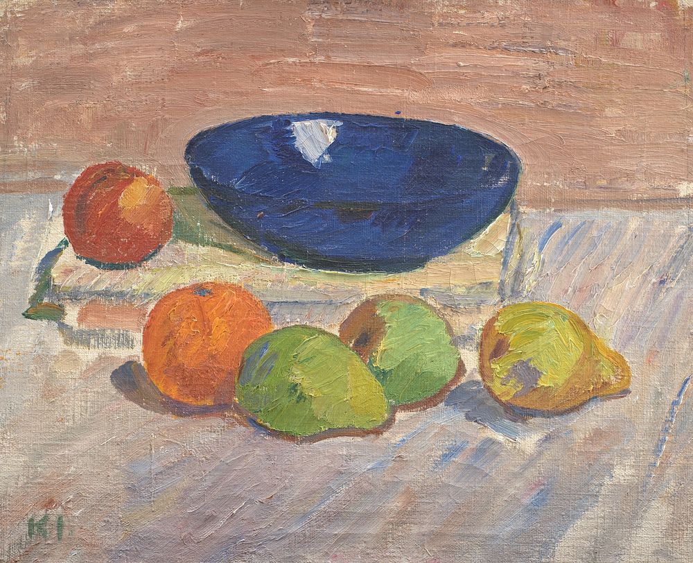 Arrangement with blue bowl and fruits by Karl Isakson