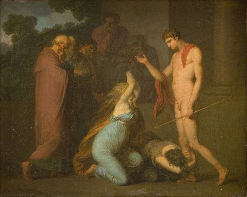 Oedipus' daughters Ismene and Antigone beg Theseus to show them the place where their father is buried by Nicolai Abildgaard