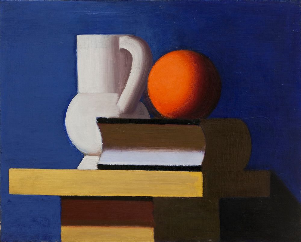 Arrangement with white jug, orange and book by Vilhelm Lundstrøm