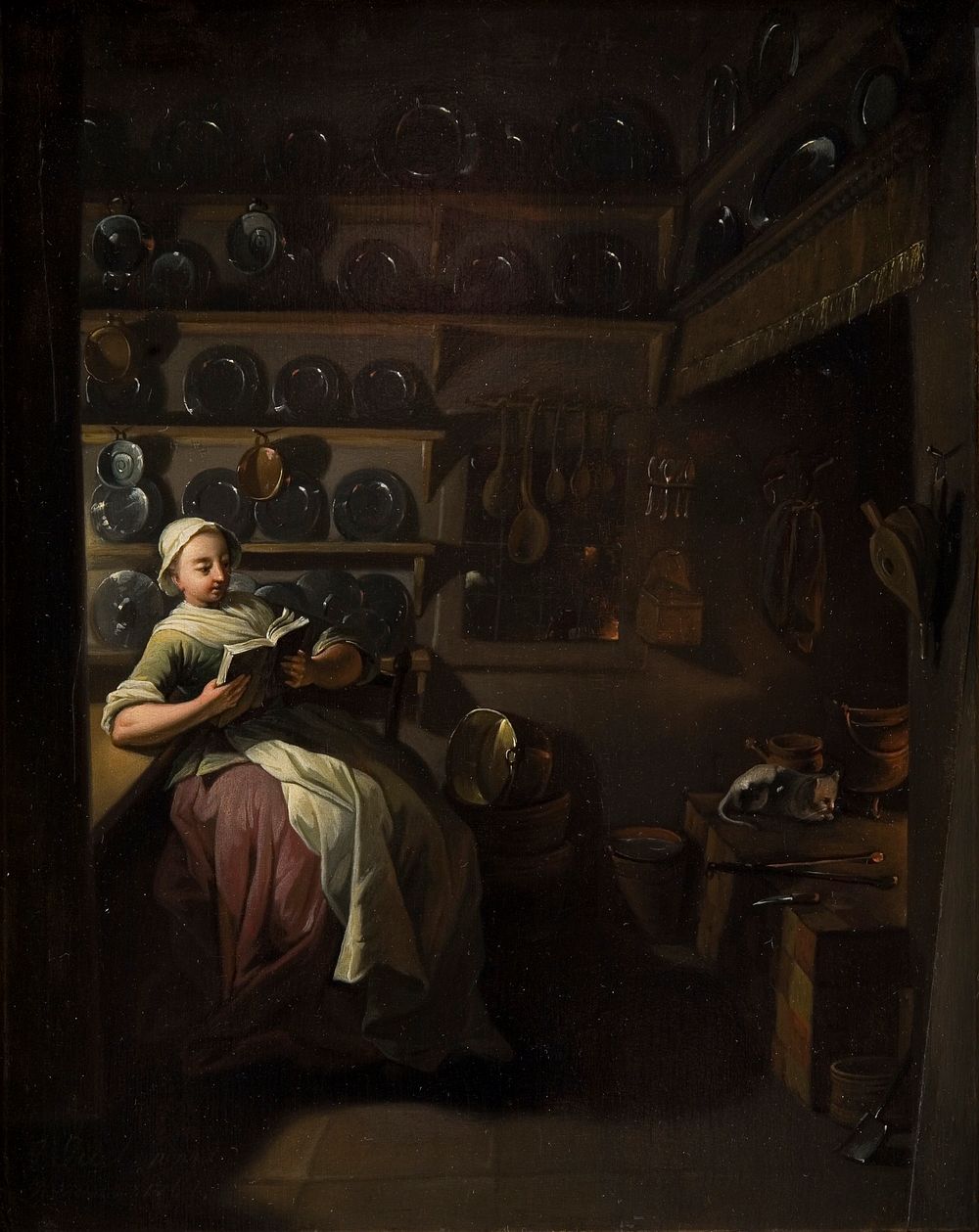 Kitchen interior with reading girl by Jens Juel