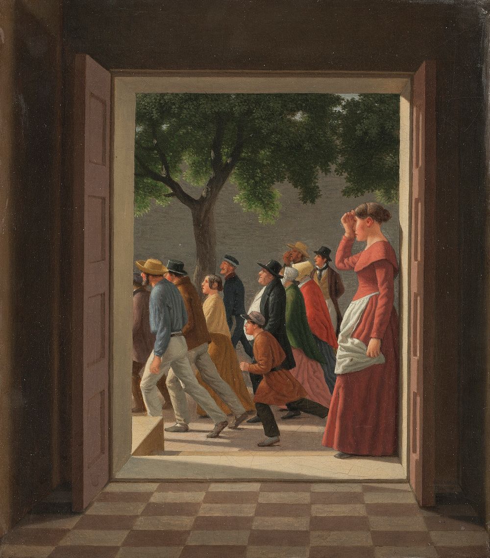 View through a door to running figures by C.W. Eckersberg
