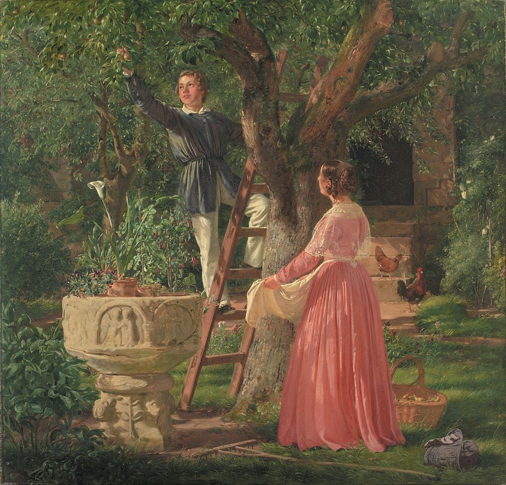 The garden with the old baptismal font by Jørgen Roed