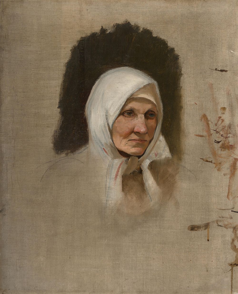 Village woman in a white scarf by Ladislav Mednyánszky