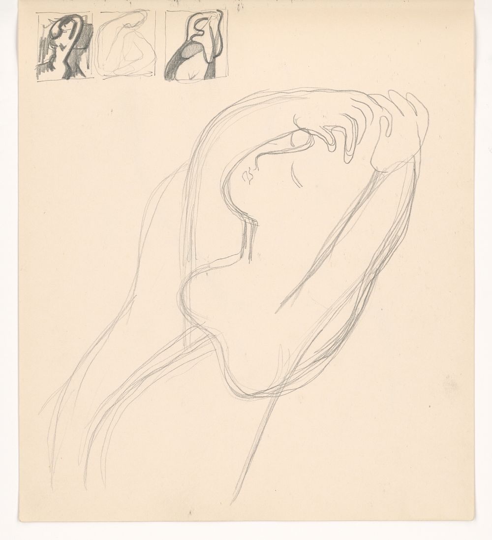 Woman with raised hands and three sketches by Mikuláš Galanda