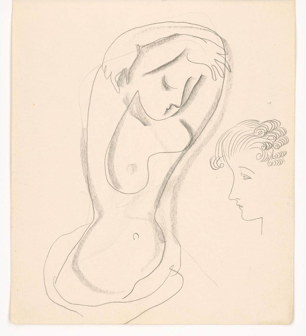 Woman with raised hands and sketch of female profile by Mikuláš Galanda