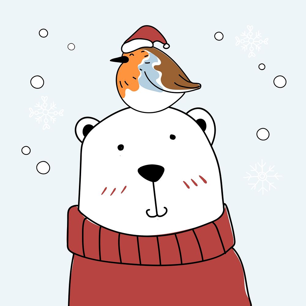 Christmas polar bear and bird illustration