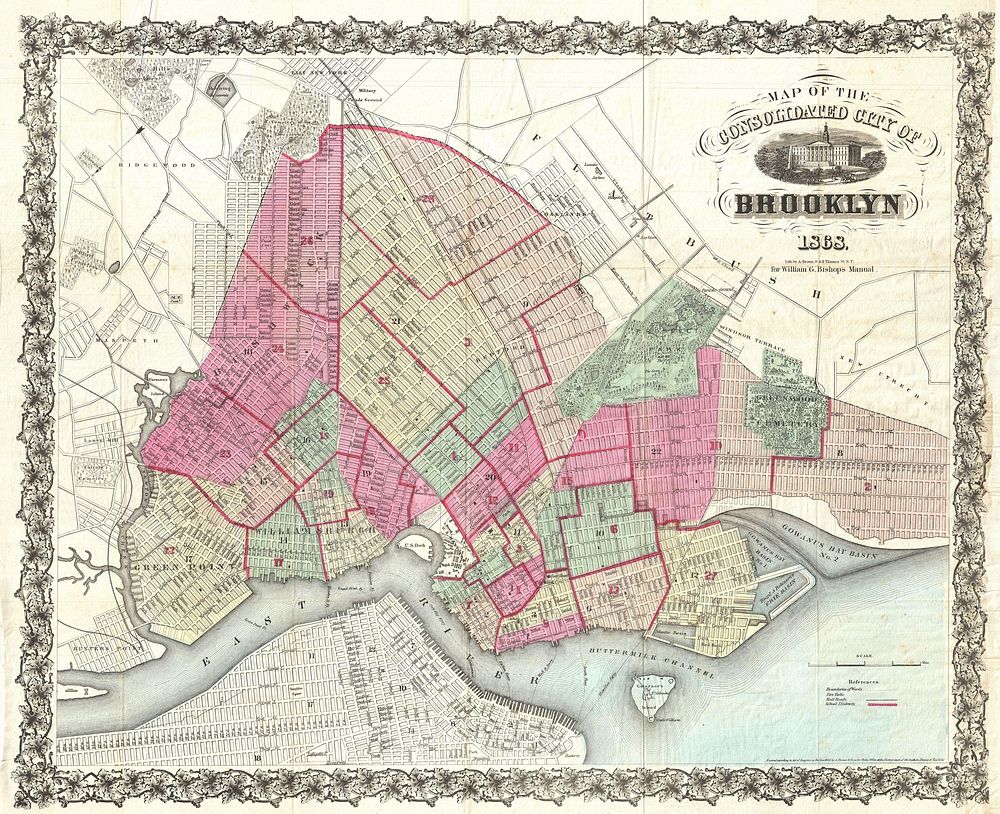 An extremely rare first edition of William Bishop's 1868 pocket map of the city of Brooklyn, New York. In the mid-19th…