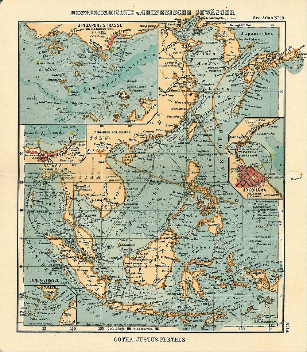 Page 19, South China Sea, Inset maps of Singapore strait, Jokohama, Batavia, Sunda Strait