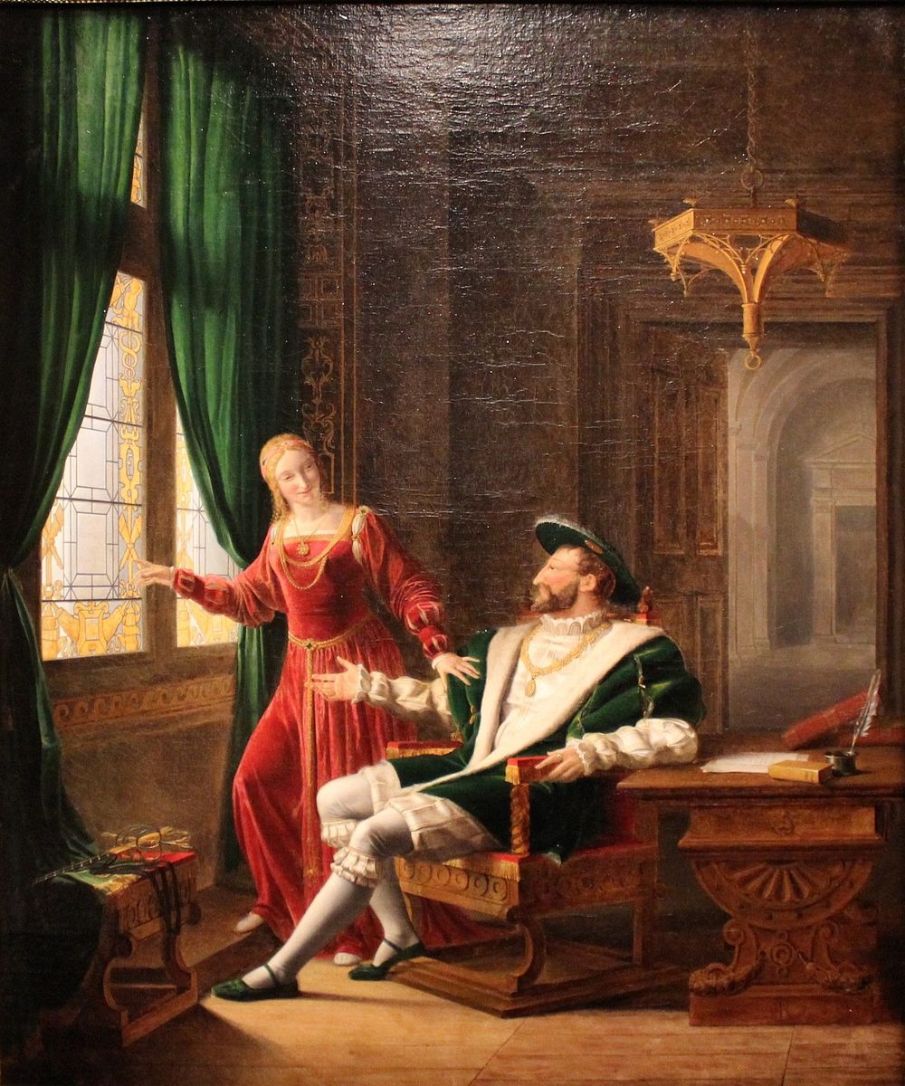 Français : François Ier montre à Marguerite de Navarre, sa sœur, les vers qu'il vient d'écrire sur une vitre avec son…