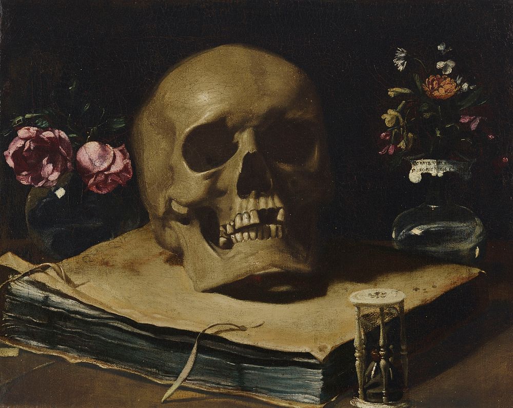 A vanitas still life with a skull atop a book, an hourglass and two glass vases of flowers by Giovanni Francesco Barbieri