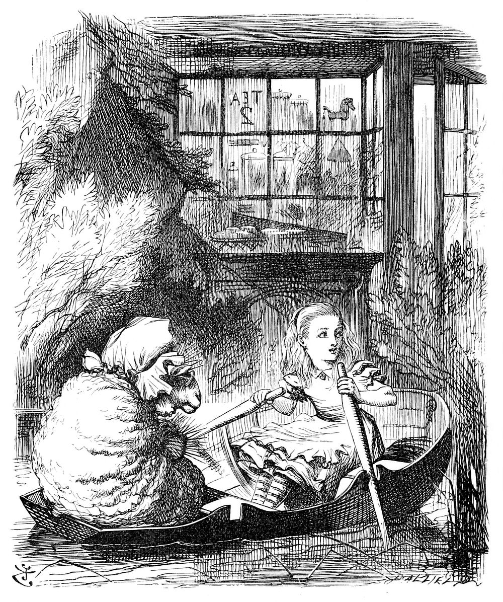 Alice Rows the Sheep, a scene  from Alice's Adventures in Wonderland (1865) by John Tenniel
