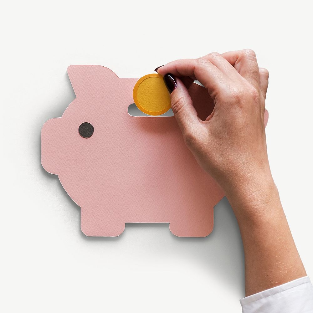 Hand lodging coin into piggy bank collage element psd