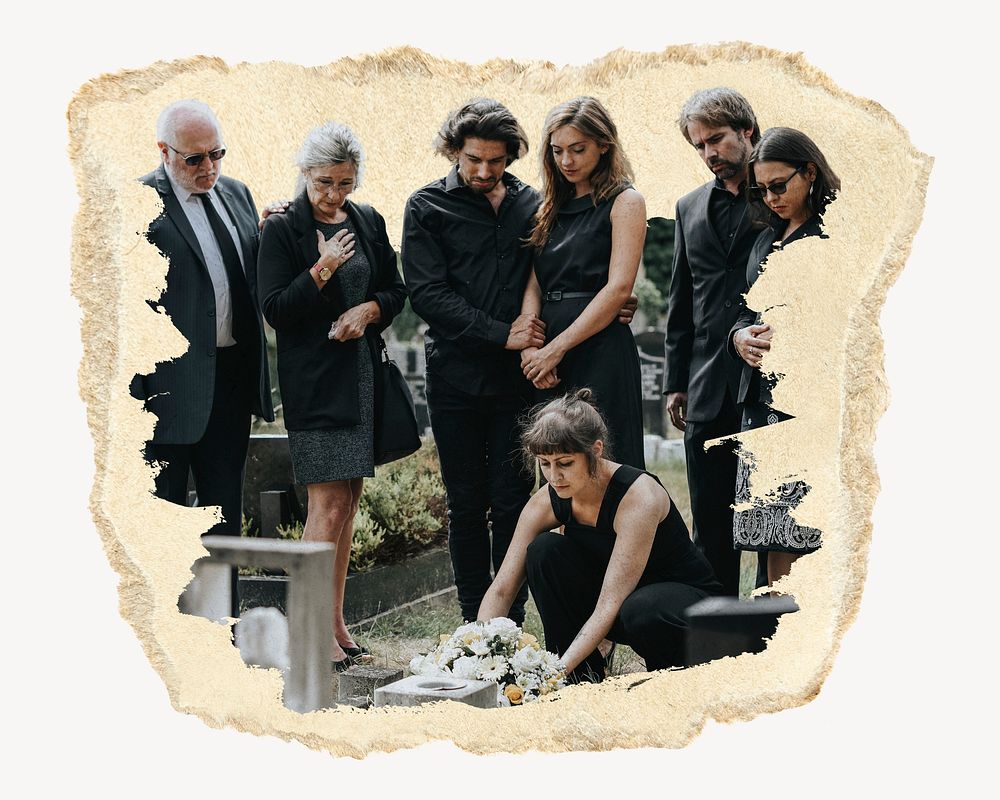Family laying flowers on the grave collage element psd