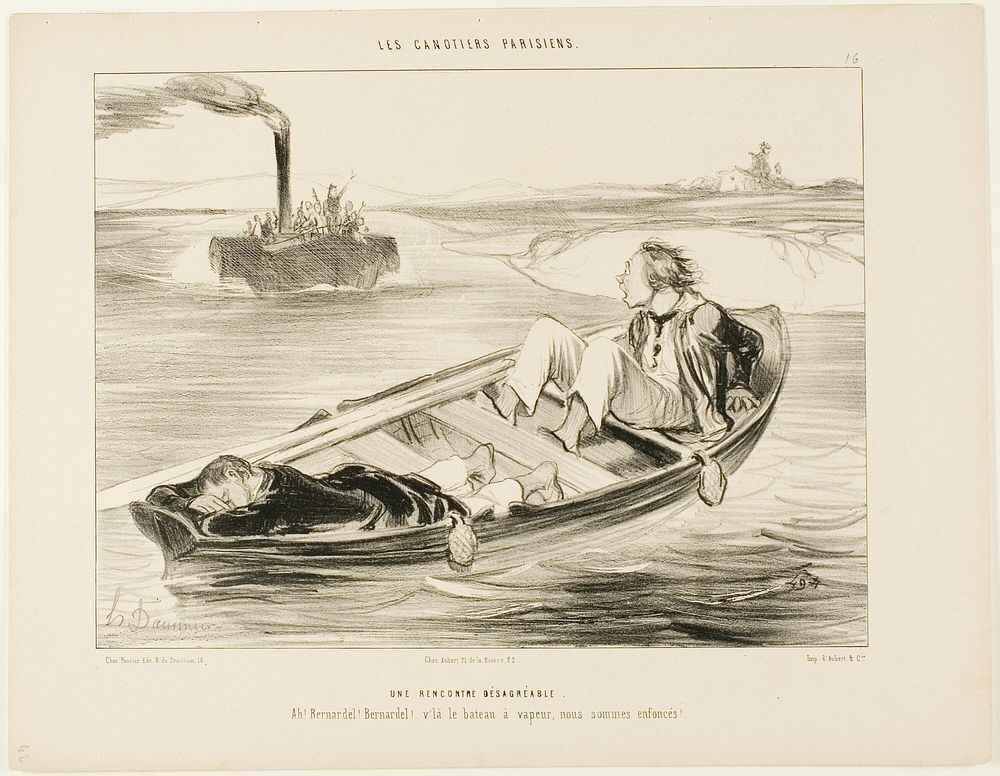 An Unpleasant Encounter. “Bernardel, Bernardel! Here comes the steamer... we will sink!,” plate 16 from Les Canotiers…
