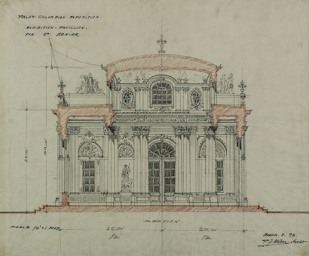 Chocolate-Menier Pavilion, World's Colombian Exposition, Chicago, Illinois, Section Sketch by Peter Joseph Weber (Architect)