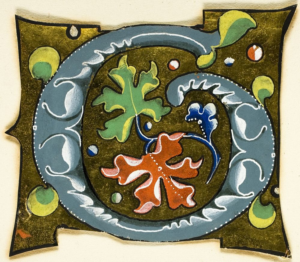 Decorated Initial "G" in Grey with Red, Green and Blue Leaves from a Manuscript