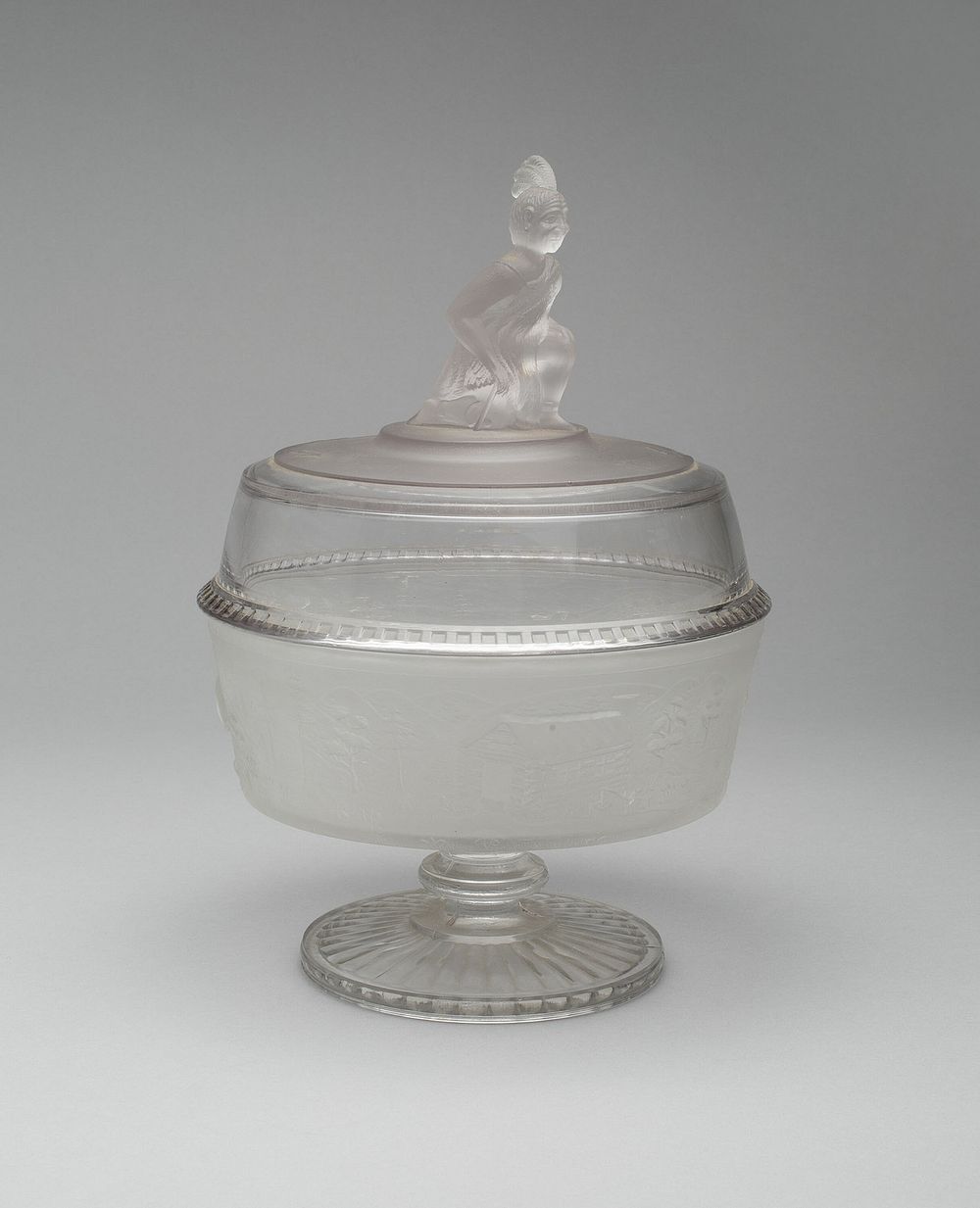 "Westward Ho!/Pioneer" pattern covered footed compote by Gillinder and Sons (Manufacturer)