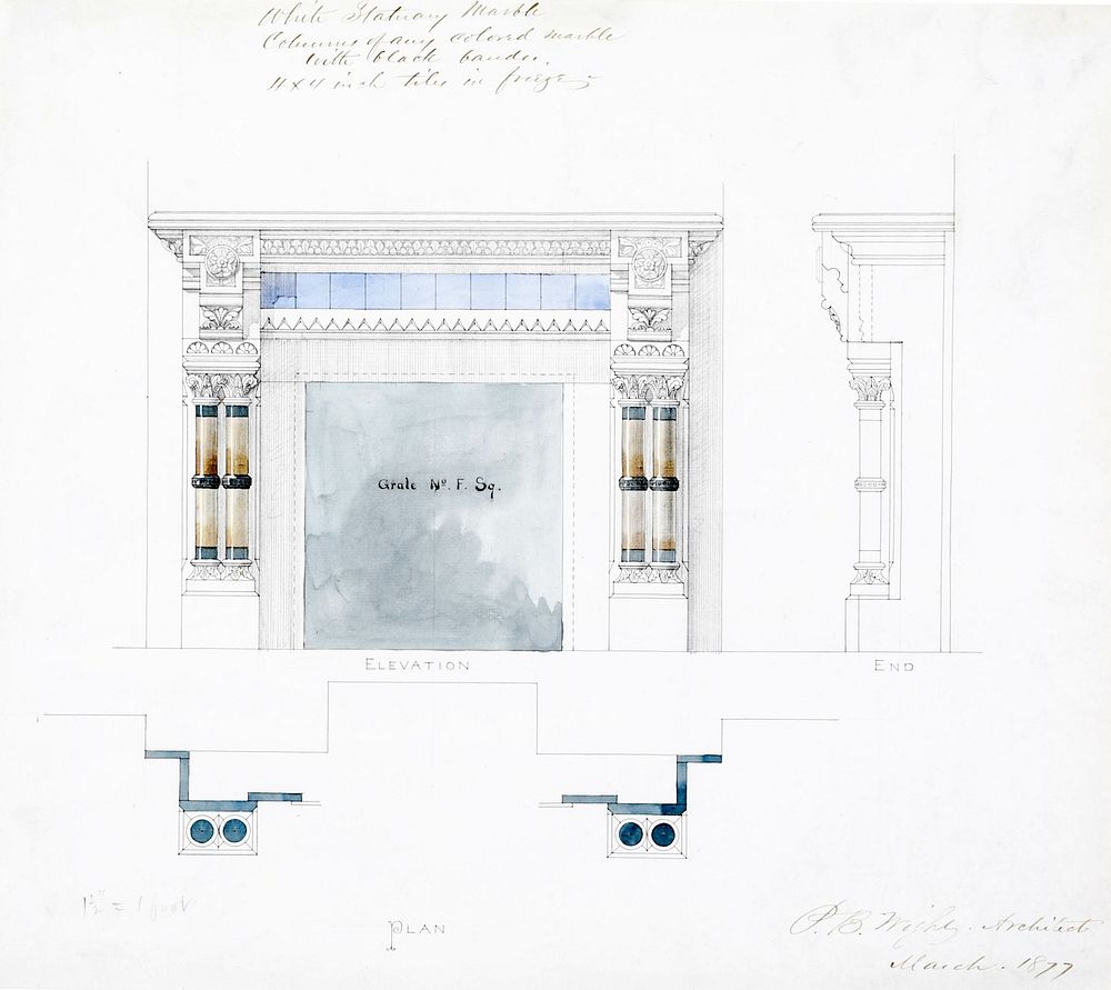 White Statuary Marble Mantel Design, Elevations and Plan by Peter Bonnett Wight (Architect)