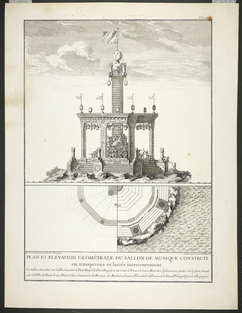 Plan and Elevation of a Music Room, plate three from Description des Festes Données par la Ville de Paris by Jacques…