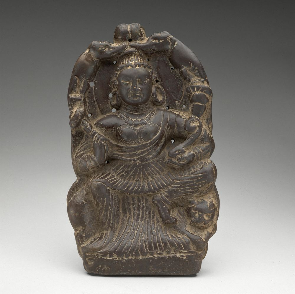 Goddess of Abundance Enthroned on Lion and Lustrated by Elephants