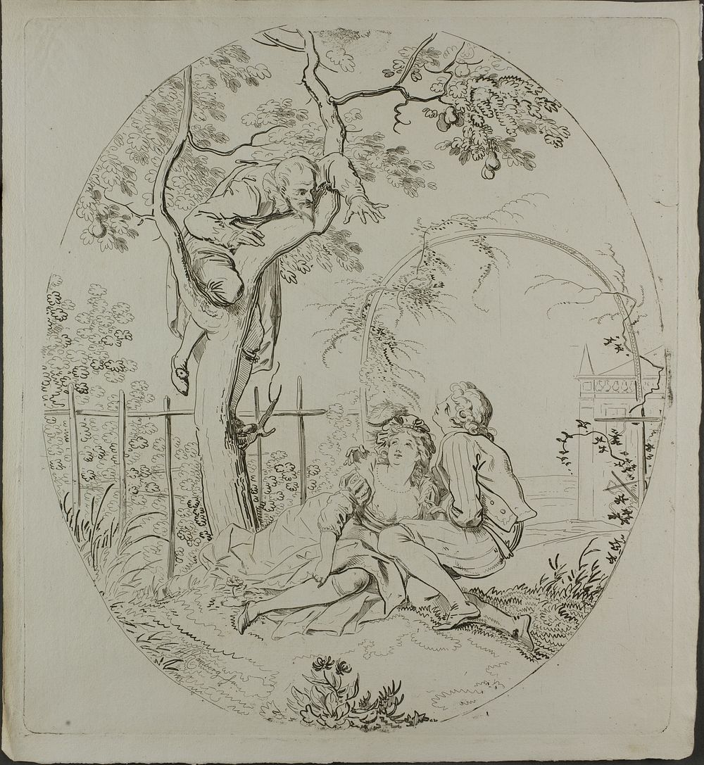 Bearded Man Spying on Lovers Under an Arbor by Johann Heinrich Ramberg
