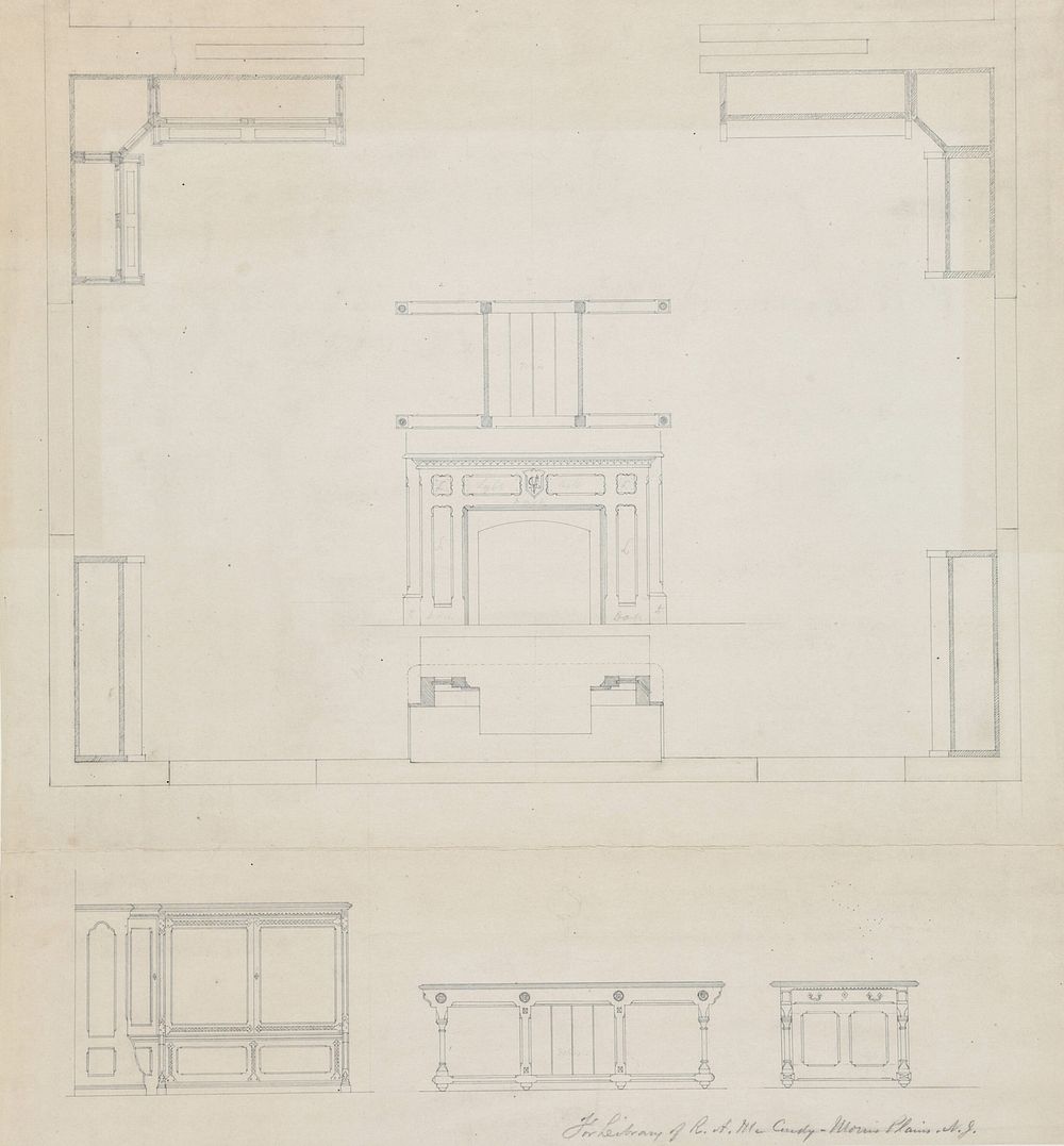 Library for R.A. McCurdy, Morris Plaines, New Jersey, Elevations of Mantel and Furniture by Peter Bonnett Wight (Architect)