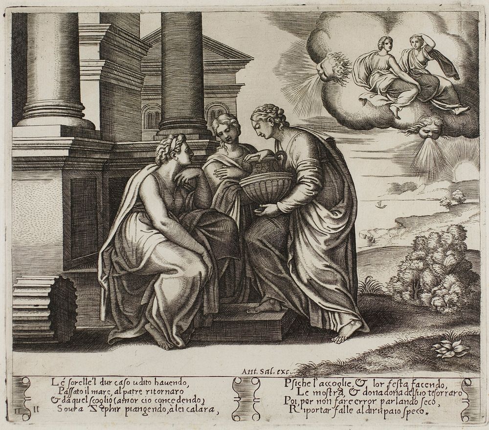Psyche Gives Presents to Her Sisters by Master of the Die