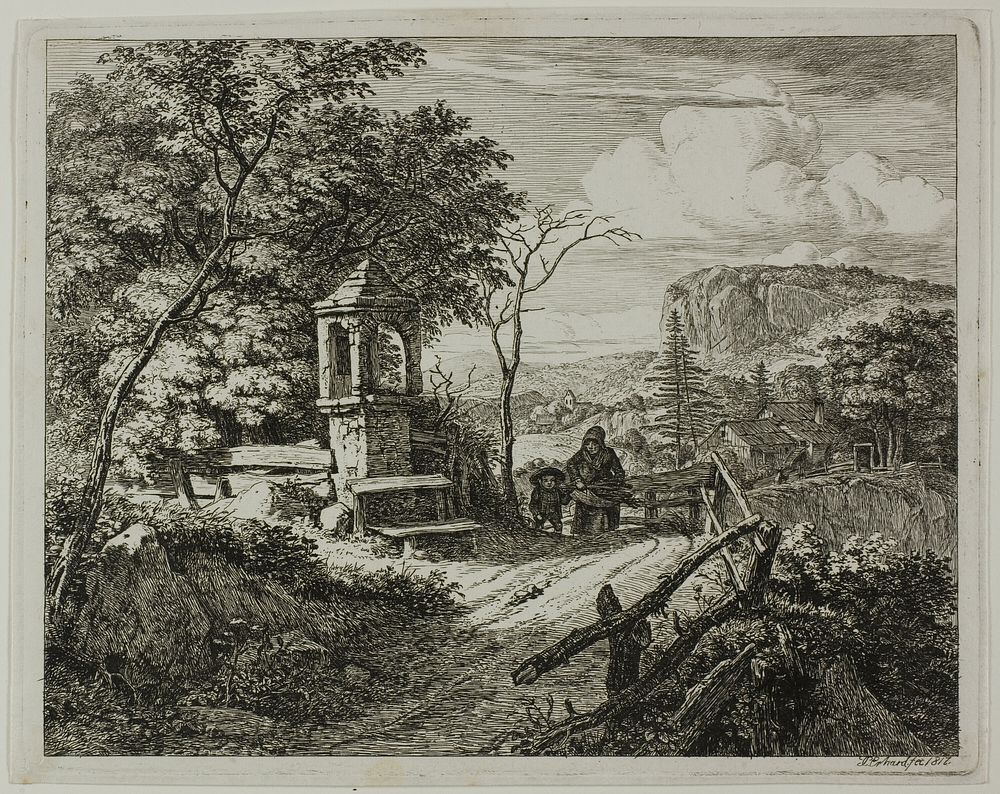 Wood Gatherer with a Boy, plate two from Die zwei grossen Landschaften mit den Betsäulen by Johann Christoph Erhard