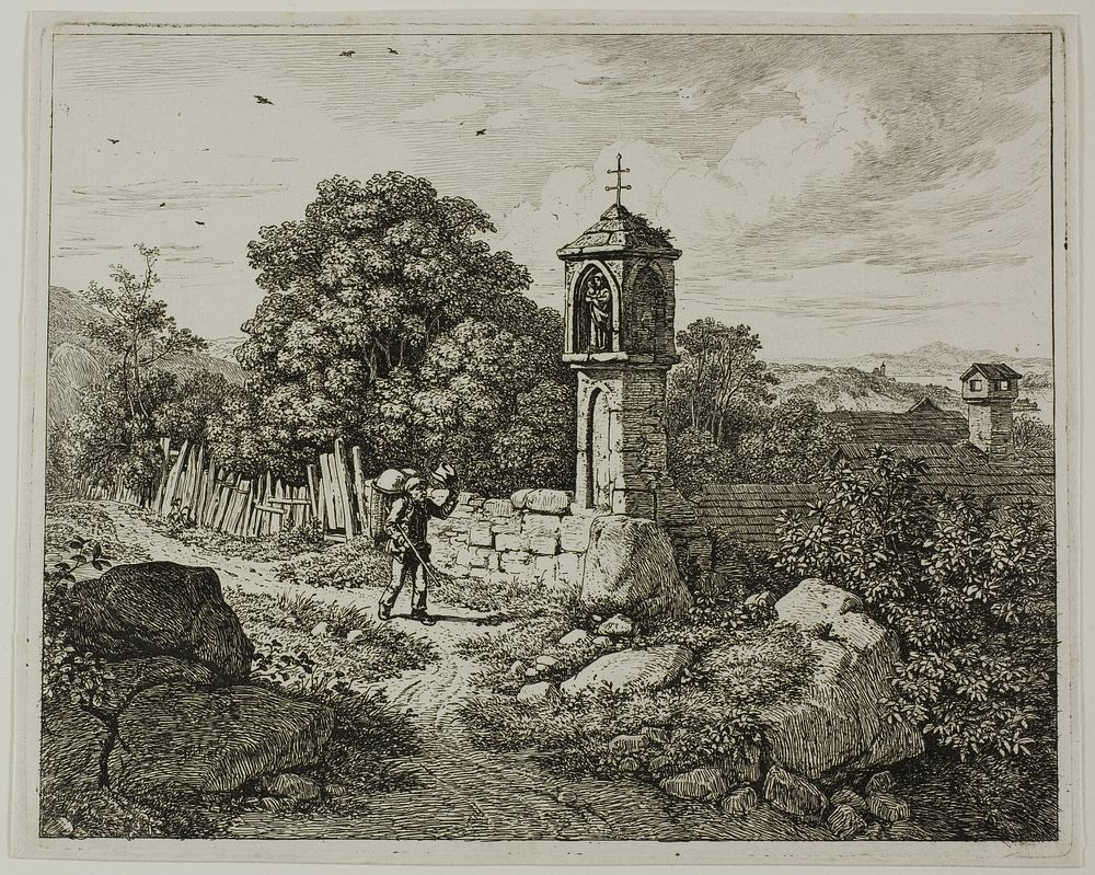 Farmer Greeting a Roadside Shrine of the Madonna, plate one from Die zwei grossen Landschaften mit den Betsäulen by Johann…